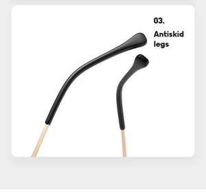 Detail of glossy black and gold metal temples with ergonomic anti-skid leg design