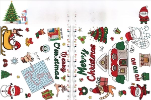 Detail view of Christmas paper tablecloth featuring Santa, reindeer, and interactive maze games
