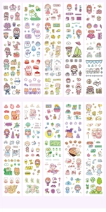 Flat lay of colorful cartoon long stickers featuring cute animals and plant patterns
