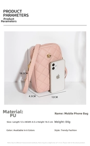 Pink quilted phone bag showing dimensions 12x4.5x18.5cm with size comparison to phone
