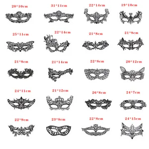 Size chart showing width and height for twenty unique black lace masquerade masks