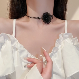 Double-layer black lace flower choker necklace with crystals for elegant fashion women