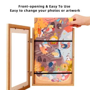 Front-opening wood grain kids art frame for displaying and storing 150 art works