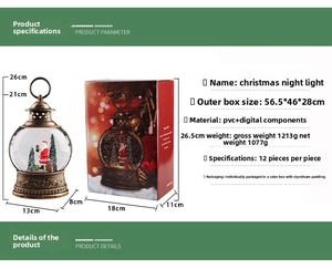 Detail view of vintage bronze Christmas lantern with Santa Claus figurine and box dimensions