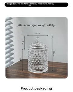 Detail view of honeycomb glass storage jar showing 8cm diameter and 14cm height