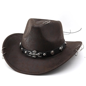 Classic black western cowboy hat featuring punk style silver skull and metal ring accents