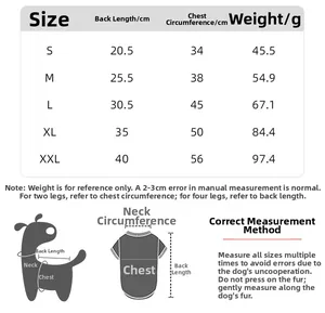 Detailed size chart for the warm windproof dog vest showing chest and back length measurements