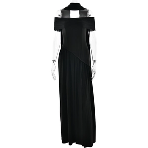 Elegant strapless backless long black dress with pleated cascading details for women
