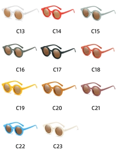 Detailed grid of retro round kids sunglasses in eleven vibrant colors from C13 to C23