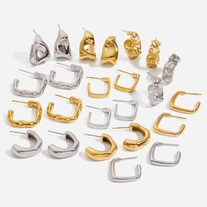 Chic 14K gold and silver stainless steel C-shaped square hoop earrings for women