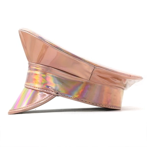 Side view of holographic rose gold laser captain hat with metallic rainbow finish