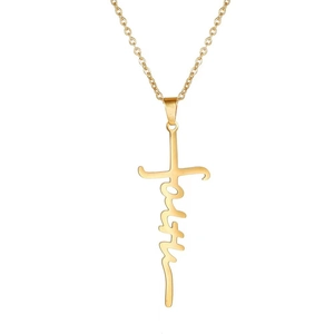 Gold stainless steel Faith cross necklace with a delicate chain on white background
