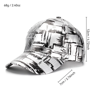 Silver PU graffiti baseball cap with 7cm brim and 12cm height, street style fashion cap