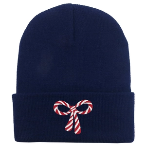 Berretto invernale in maglia blu scuro con ricamo a fiocco a righe bianche e rosse
