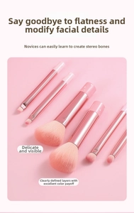 Detailed flat lay of peach pink makeup brush set with rose gold ferrules and star pattern