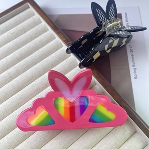 Pink heart pattern and checkerboard acetate hair claw clips for women's hair styling
