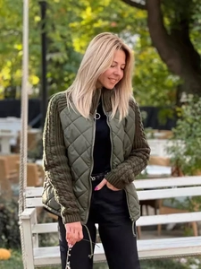 Women Quilted Knit Splicing Jacket Stand Collar Zipper Long Sleeve Patchwork Padded Coat Casual Warm Outerwear