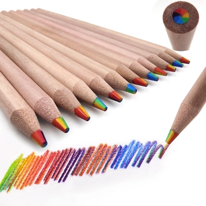 Detail of 12-pack rainbow pencils showing the multicolor core and gradient color drawing effect