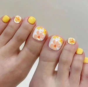 Yellow Flower Toe Press On Nails Glossy Multi-Size Summer Square Round Fake Toe Nails Tips