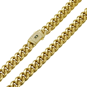 Close-up of gold-plated Cuban link chain with a diamond-set buckle featuring number 22