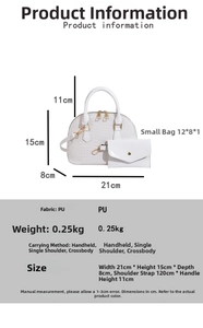Detailed size chart for white crocodile pattern shell bag with small envelope pouch