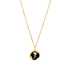 Gold rose pendant necklace with black shell inlay and beaded chain in vintage court style