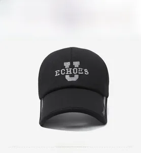 Close-up of black breathable mesh baseball cap with white U ECHOES embroidery detail