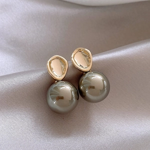 Elegant gold zircon pearl earrings with deep grey spherical pendants on silk