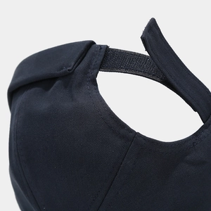 Detail of the navy blue docker hat featuring an adjustable velcro strap for custom fit