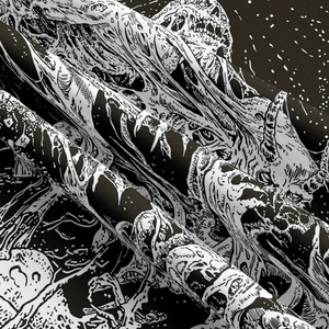 Detailed view of black and white skull pattern fabric with dark aesthetic fold details