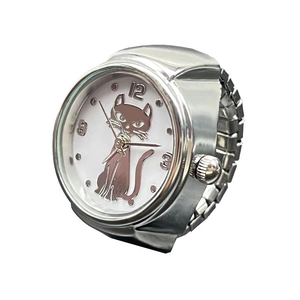 Silver minimalist watch ring with cat pattern dial and elastic metal strap on white background