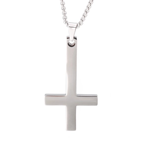 Polished titanium steel inverted cross pendant necklace for men with a silver finish