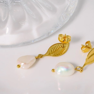 Leaf Stud Earrings With Natural Freshwater Artificial Baroque Pearl Drop Titanium Steel Elegant Handmade Jewelry For Women