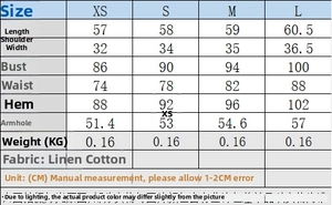 Detailed size chart for linen-blend vest top showing measurements in centimeters for XS to L