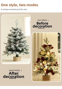 Mini flocked Christmas tree with solid wood base shown in plain and decorated states