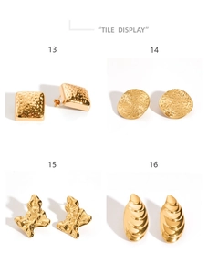 Detail showing four styles of 18K gold-plated stainless steel earrings with textured finish