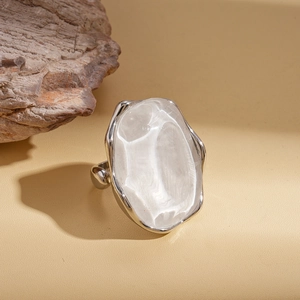 Minimalist silver open ring with irregular oval resin stone in vintage bohemian style