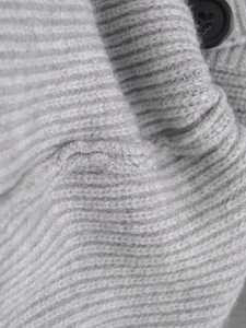 Detailed macro view of the grey knit texture and dark resin button on the cardigan