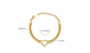 Detailed dimensions of the gold hollow heart bracelet with chain length specifications