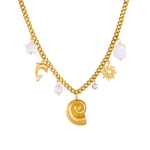 Gold stainless steel conch shell necklace with dolphin and pearl charms on Cuban link chain