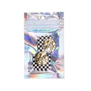 Checkerboard earrings in a colorful holographic laser resealable packaging bag