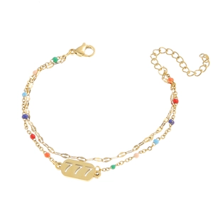 Bracciale a doppio strato in acciaio dorato con numero fortunato 777 e perle colorate