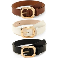 Close-up of leather belts in black, white, and brown with gold geometric buckles