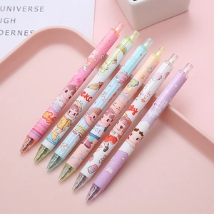 Set of seven colorful retractable gel pens featuring cartoon patterns for school supplies