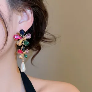 Colorful floral drop earrings with rhinestones and white teardrop pearl pendant