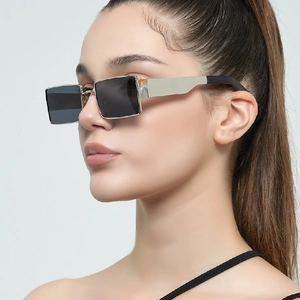 Retro rectangular metal sunglasses for men with silver frame and dark black lenses
