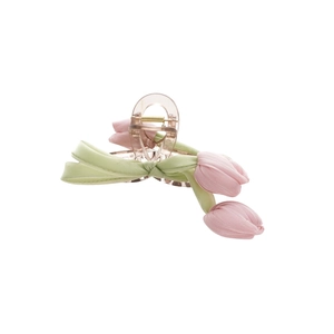 Elegant acrylic tulip hair claw clip with pink fabric petals and green leaves