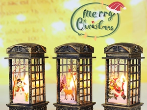Retro bronze Christmas telephone booth lantern with snowman and Santa patterns