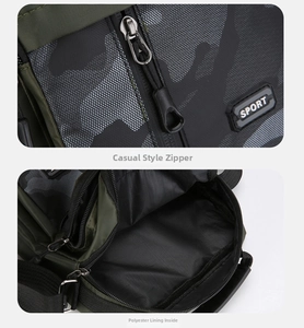 Detail of camouflage sports bag with durable zipper pull and black polyester lining