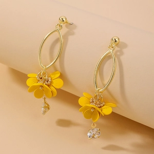 Yellow Flower Dangle Earrings Alloy Rhinestone With 925 Sterling Silver Earring Post Sweet Elegant Jewelry For Women
